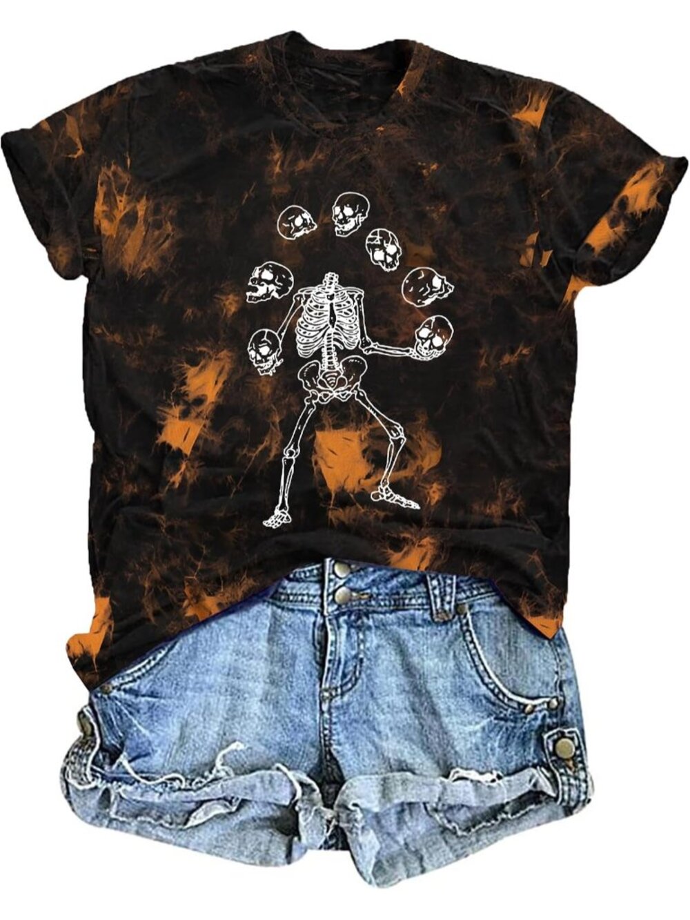 🆕 Women's Black Orange Juggling Skeleton Tie Dye Halloween Graphic Tee